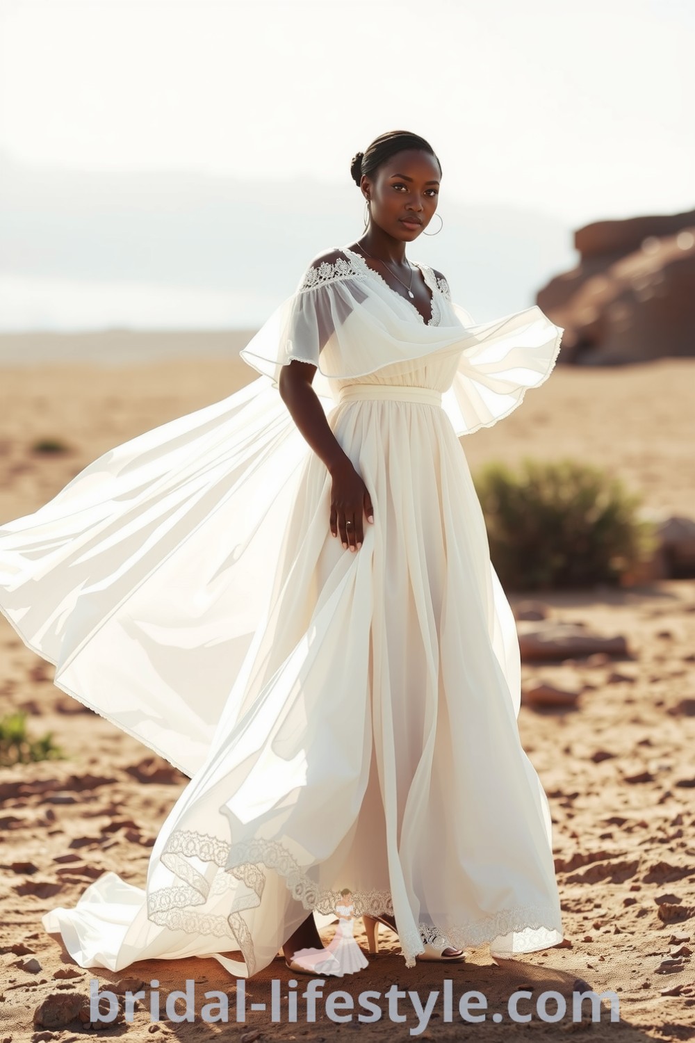 Whimsical boho wedding dress designed for a Black bride, featuring flowing chiffon, billowy sleeves, and delicate lace trim, perfect for a serene outdoor ceremony. bridal-lifestyle.com