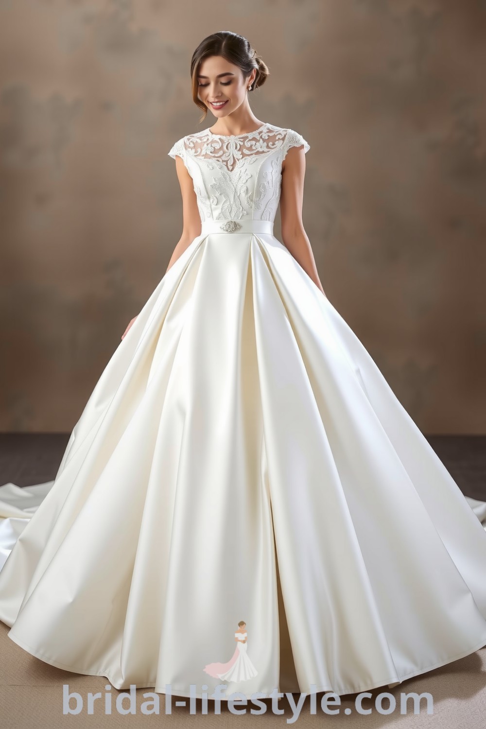 Elegant princess-style wedding dress with fitted bodice, intricate lace appliqués, flowing satin skirt, and delicate cap sleeves for dreamy brides. bridal-lifestyle.com