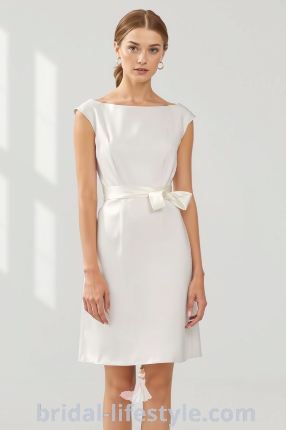 Chic minimalist wedding dress in white satin with bateau neckline, cap sleeves, and soft flares at the hem, showcasing elegance and sophistication. bridal-lifestyle.com
