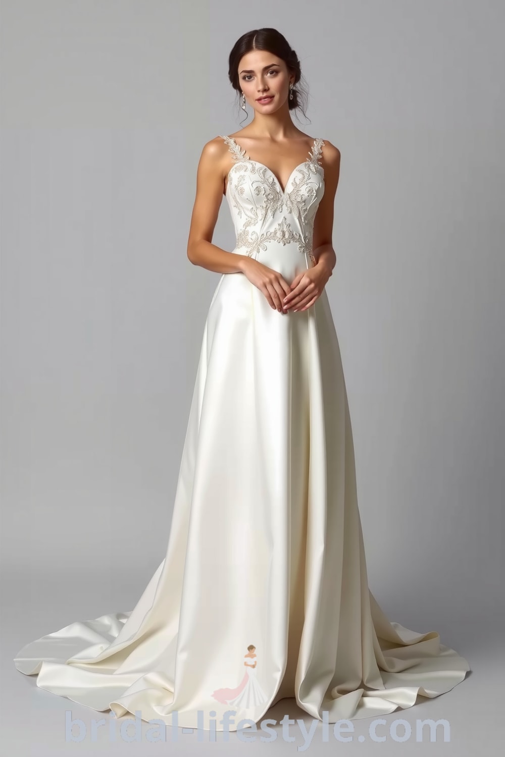 A-line wedding dress with sweetheart neckline, luxurious satin fabric, gently draped skirt, and delicate lace appliqués. bridal-lifestyle.com