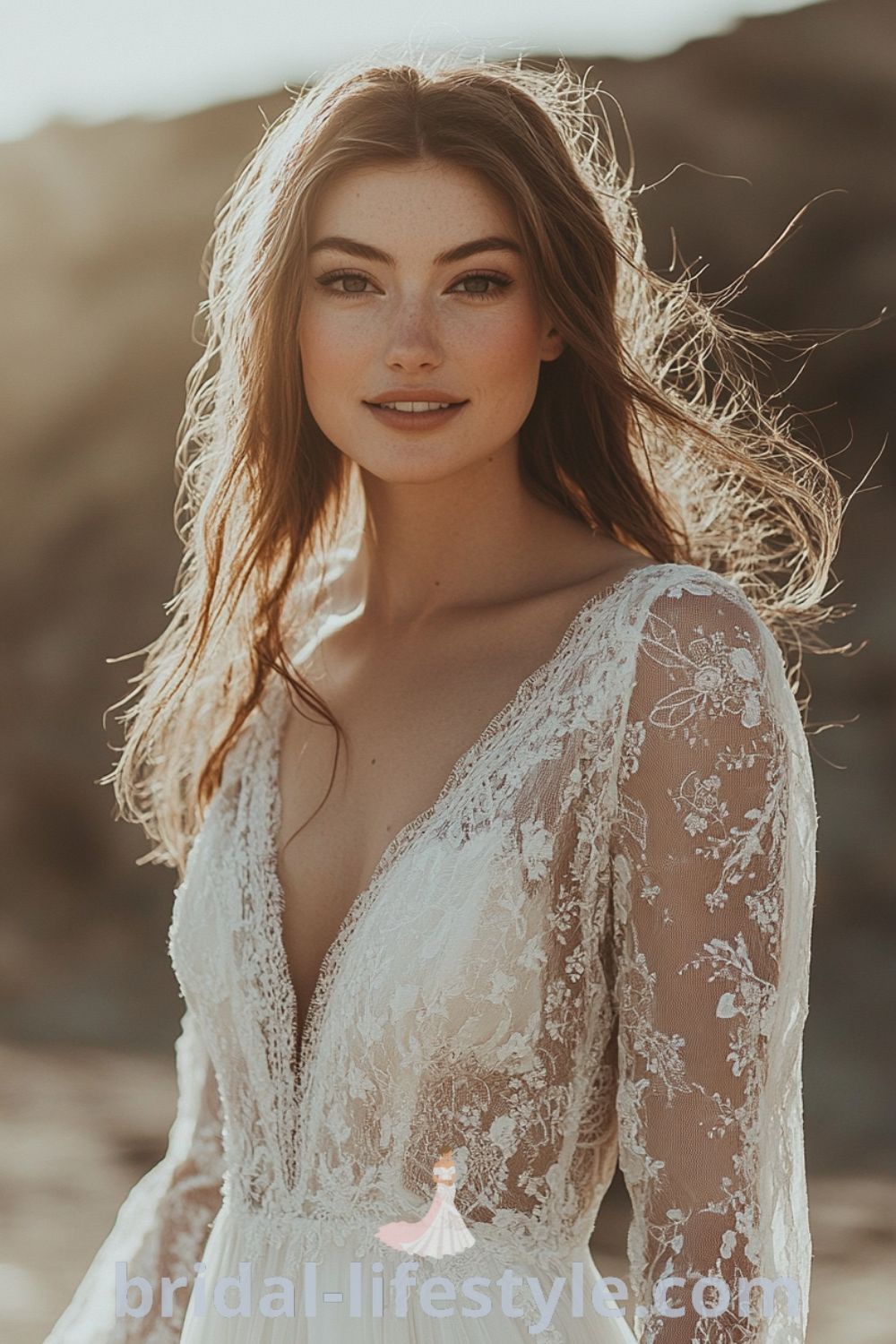 A radiant bride in a boho wedding dress made of lace and chiffon, featuring a plunging neckline with floral embroidery and fluttery bell sleeves. bridal-lifestyle.com
