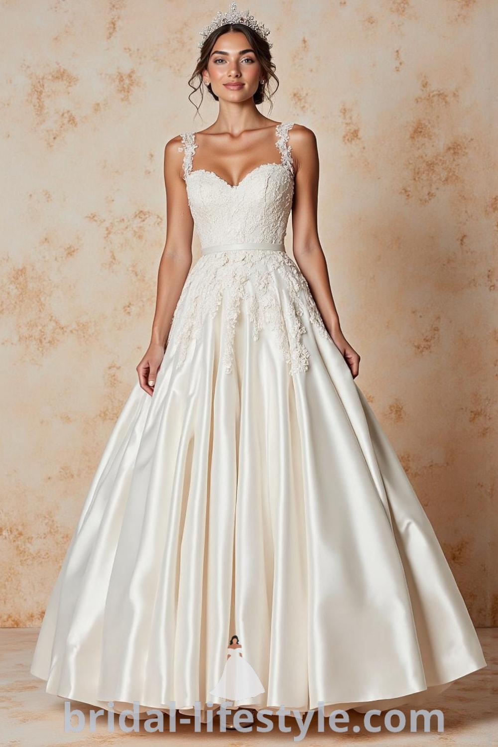 A luxurious princess ballgown with a voluminous satin skirt, intricately embroidered bodice, delicate lace, floral appliqués, and a sweetheart neckline, providing an elegant look for brides. bridal-lifestyle.com