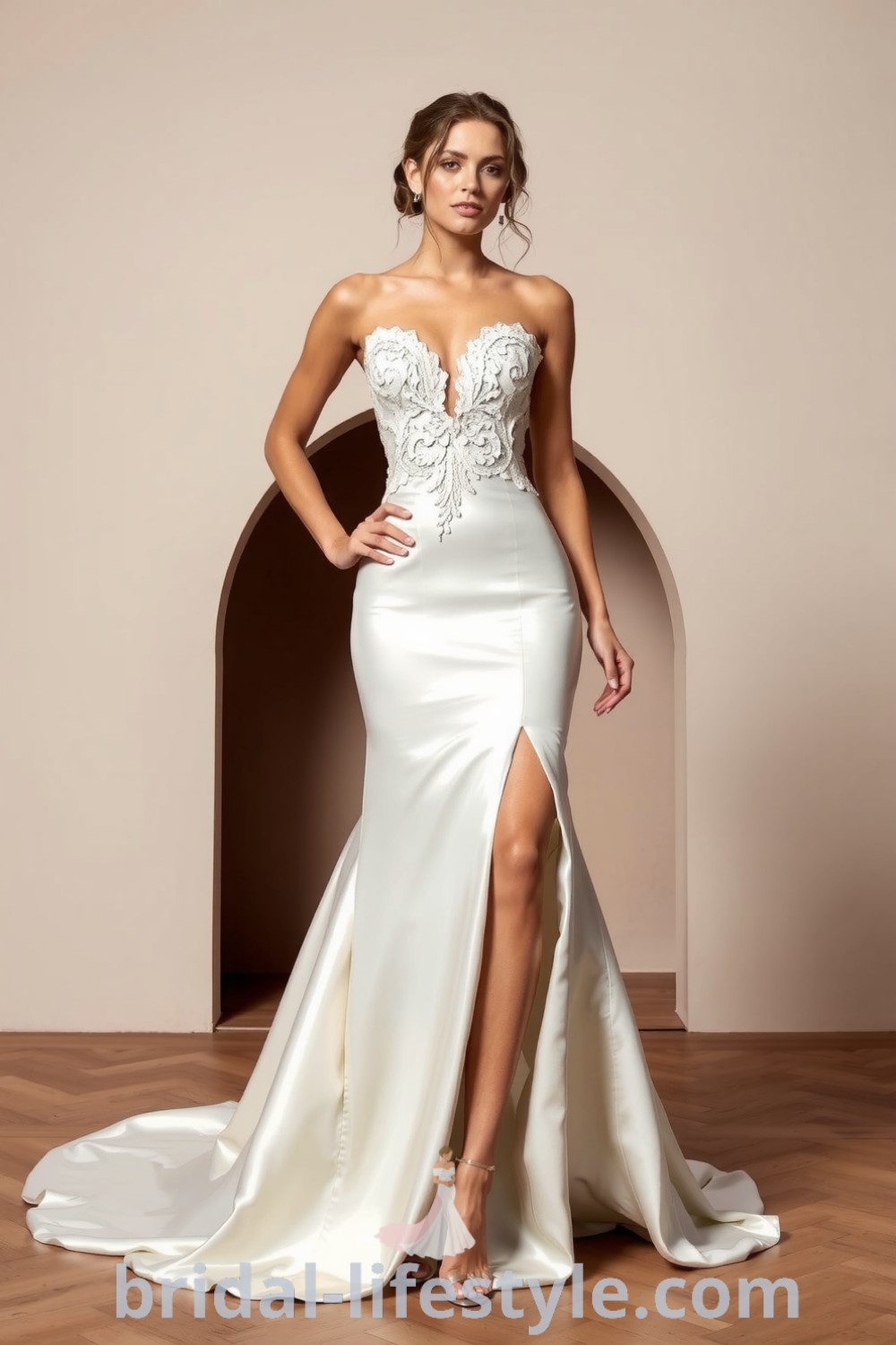 Fit and flare wedding dress made of rich satin with a thigh-high slit, adorned with intricate lace appliqués, showcasing elegance and allure. bridal-lifestyle.com
