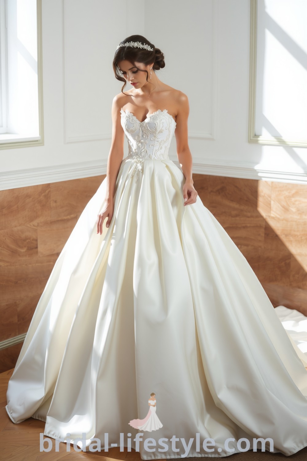 Elegant wedding dress with strapless bodice, luxurious satin fabric, intricate lace appliqués, and full flowing skirt, perfect for dreamy brides seeking inspiration looks for the special day. bridal-lifestyle.com