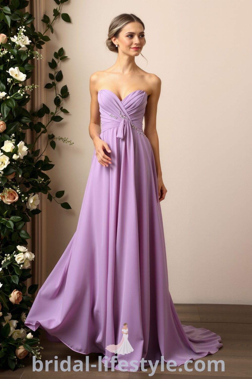 Timeless long chiffon A-line bridesmaid dress showcased on bridal-lifestyle.com, featuring elegant embellishments and dreamy styles, perfect for inspiration looks and dresses of your dream for the special day.