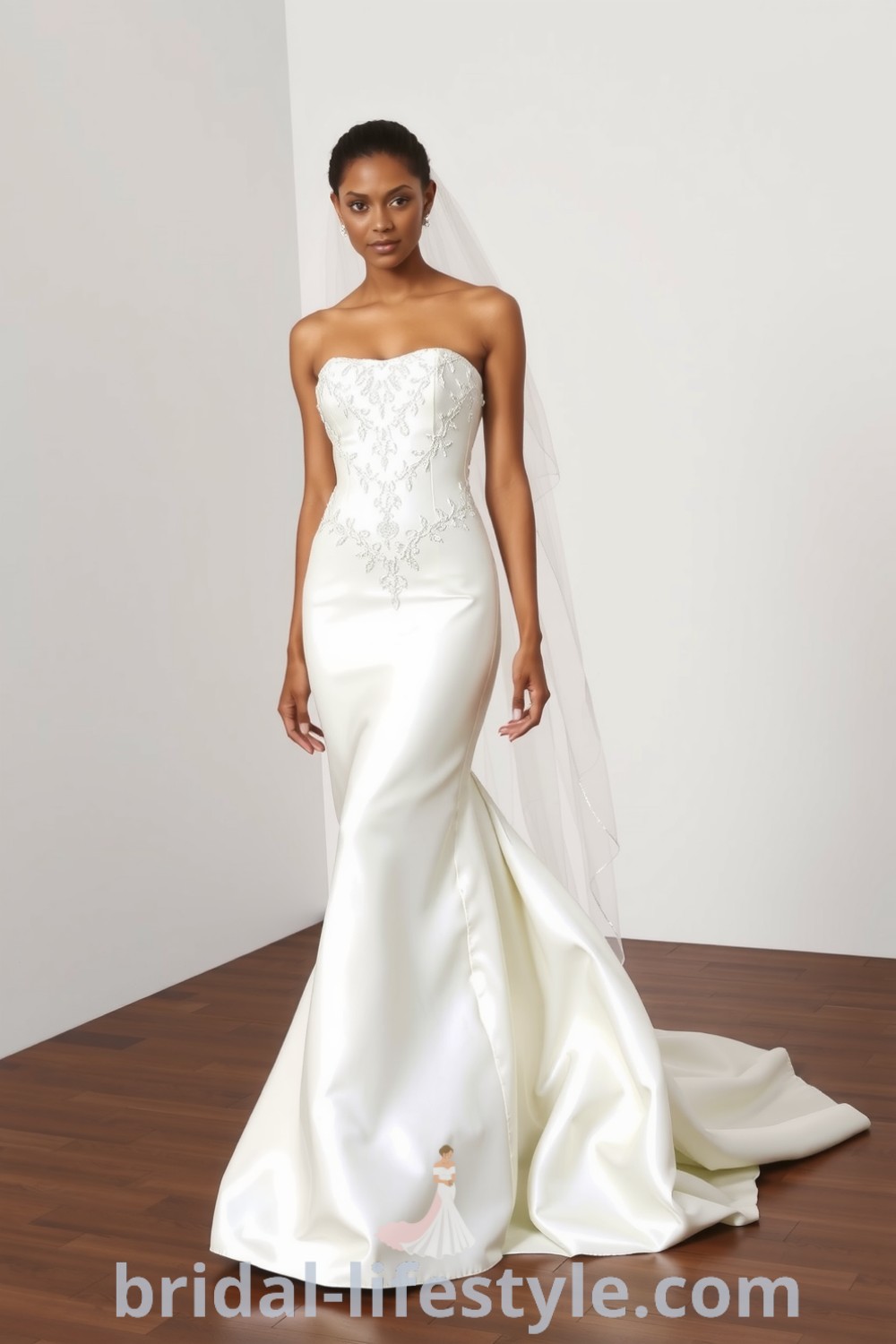 Elegant fit and flare wedding dress with square neckline, luxurious satin fabric, and intricate lace appliqués cascading down the bodice, perfect for dreamy brides. bridal-lifestyle.com