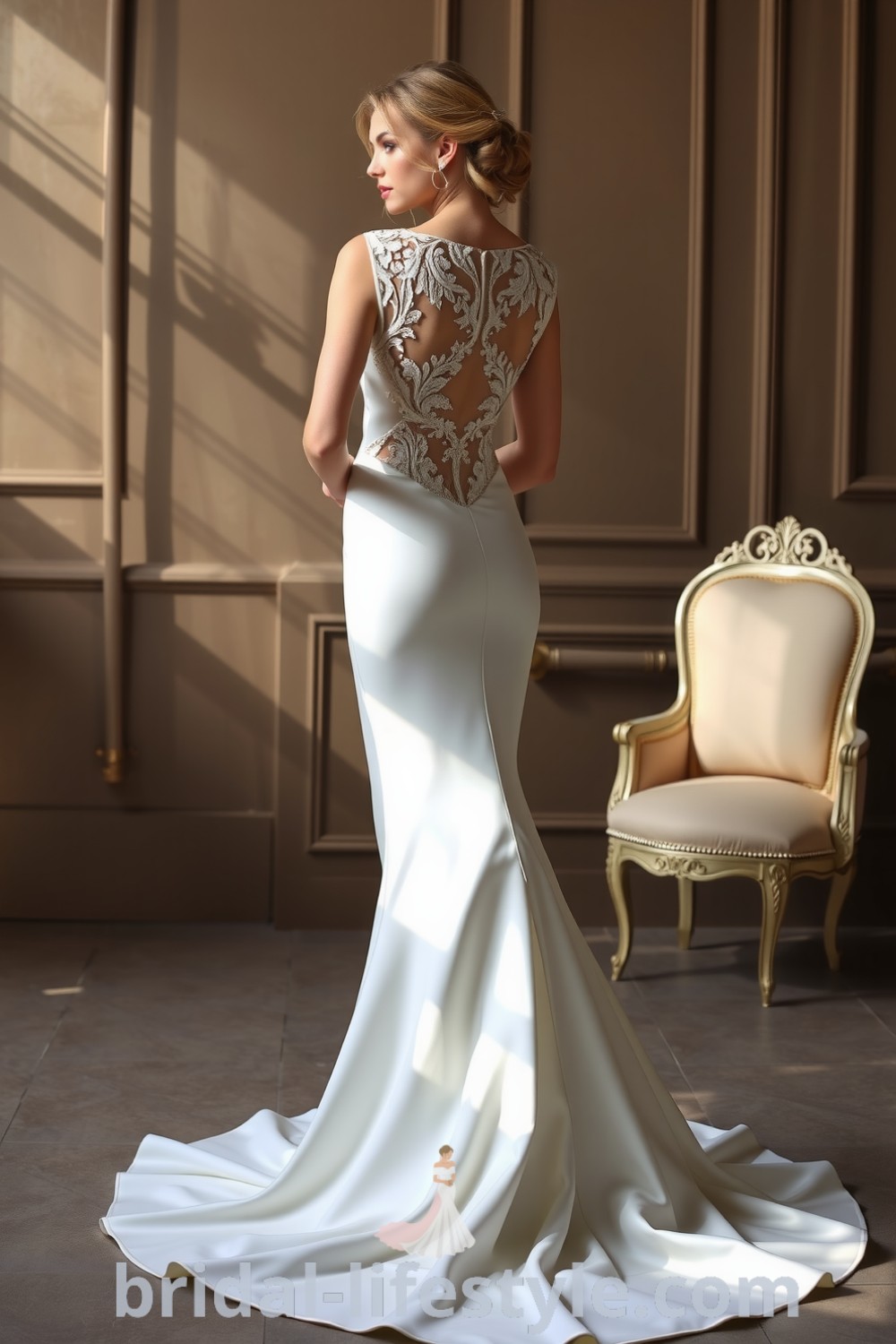 Fit and flare wedding dress made of luxurious satin, featuring an open back with lace detailing and a silhouette that highlights the bride