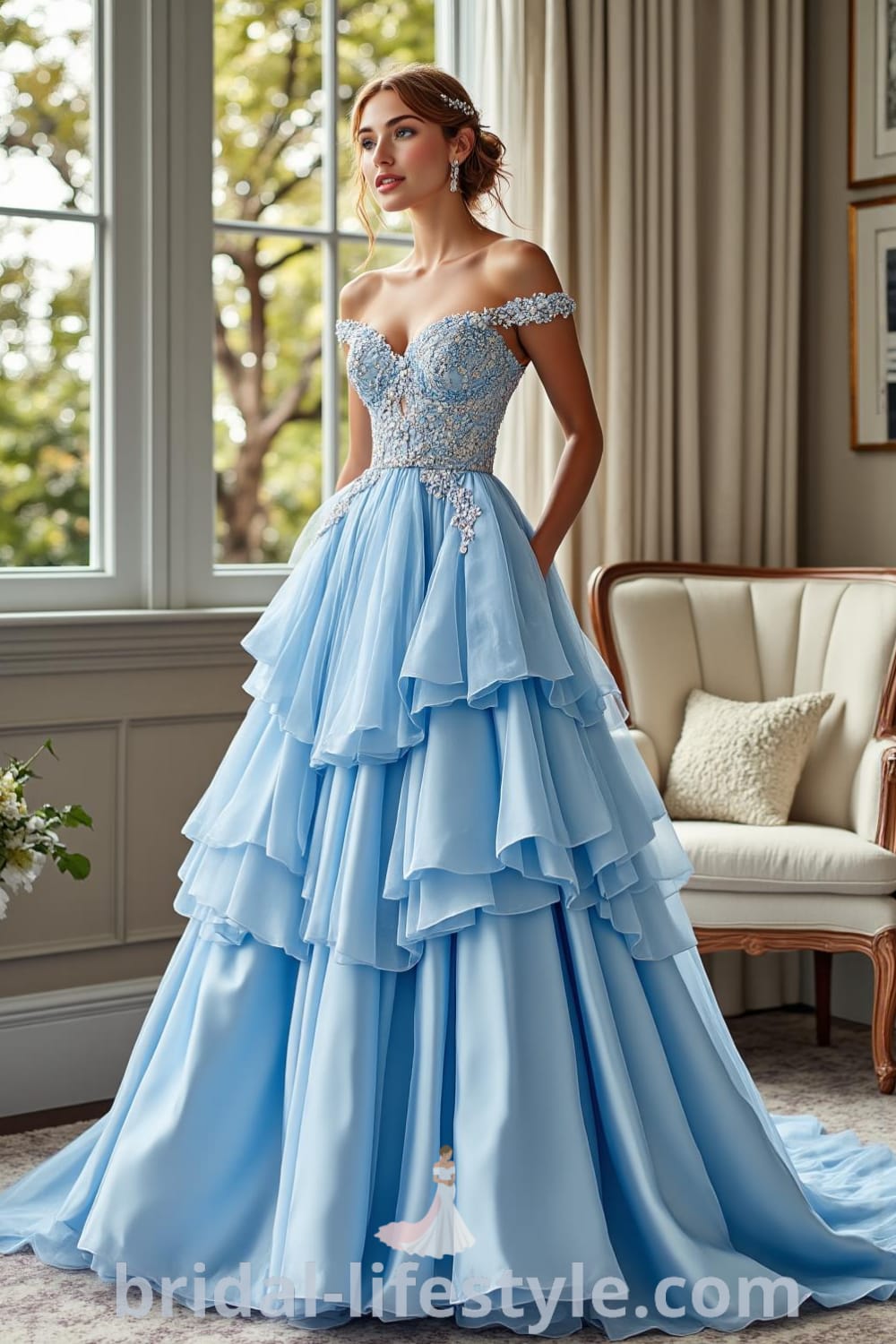 Stunning Princess Blue wedding dress with voluminous ball gown silhouette, luxurious satin fabric, fitted bodice adorned with intricate lace appliqués, and dramatic sweetheart neckline. bridal-lifestyle.com