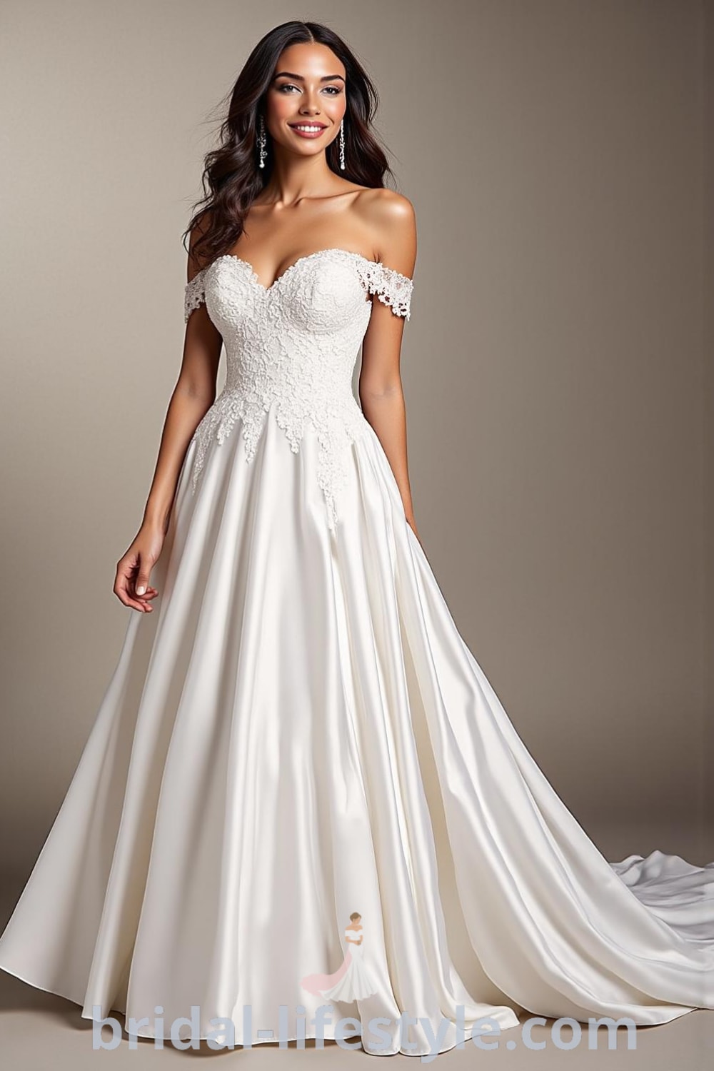 A-line wedding dress with off-the-shoulder neckline, satin layers, and intricate lace appliqués on the bodice, designed to enhance the bride