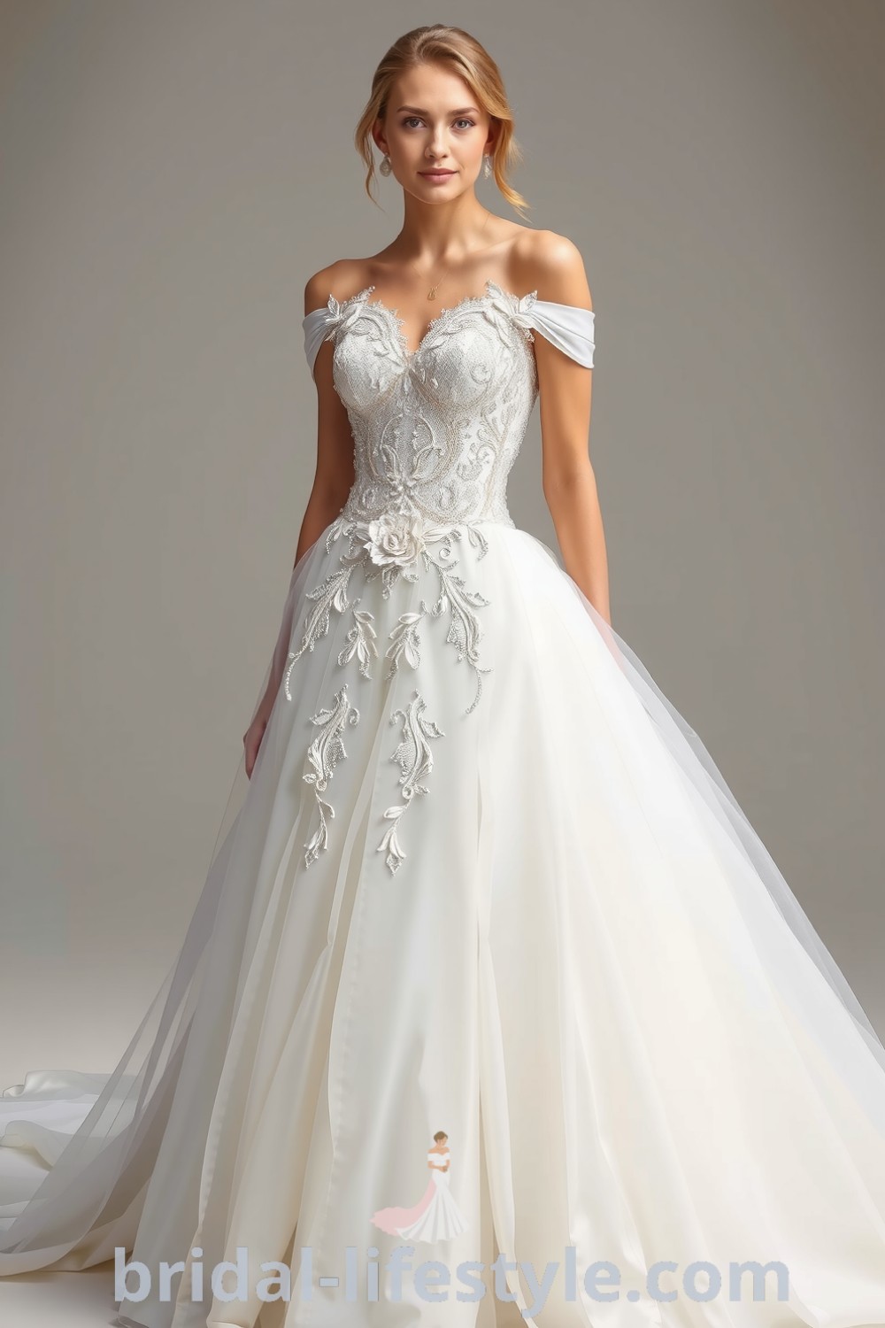 A stunning princess wedding dress featuring layers of shimmering tulle and soft satin, adorned with lace appliqués and beadwork, off-the-shoulder neckline, and a flowing train, perfect for the special day. bridal-lifestyle.com