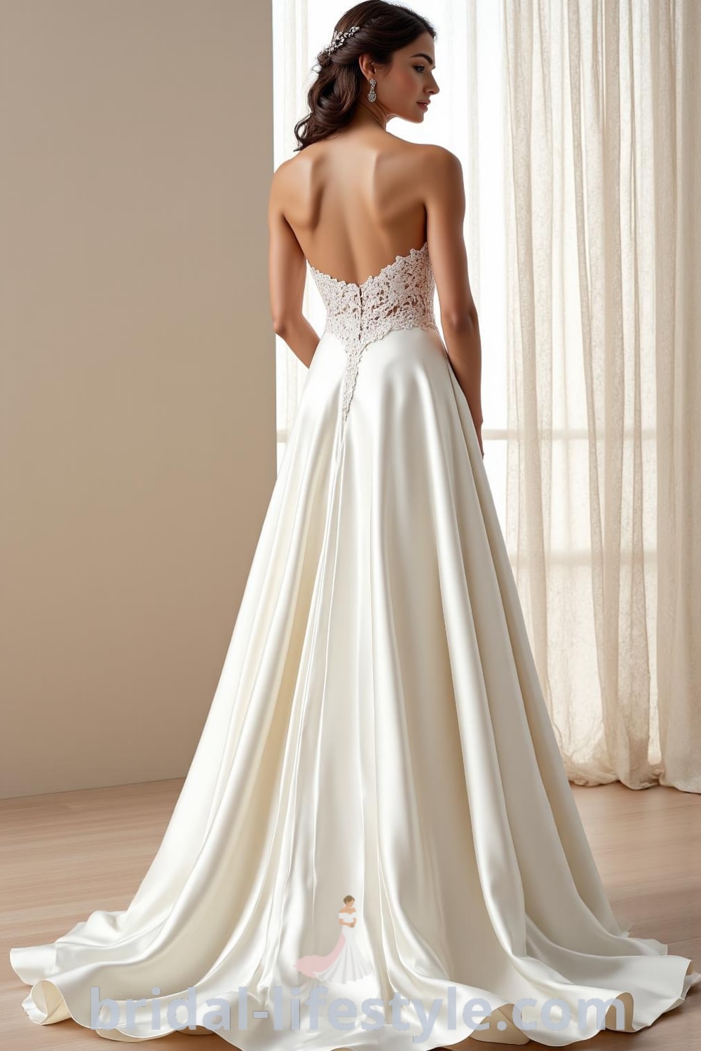 Strapless A-line wedding dress made of luxurious satin with a sweetheart neckline, lace appliqués on the skirt, and an illusion back with satin-covered buttons. bridal-lifestyle.com