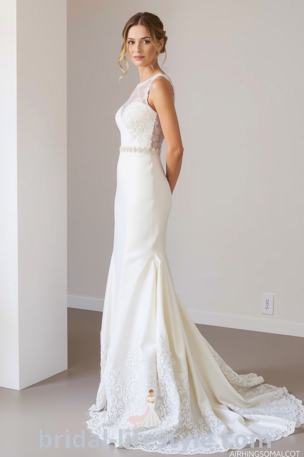 Fit and flare wedding dress featuring intricate beaded lace, a graceful silhouette, and a flowing hem that adds romance. bridal-lifestyle.com