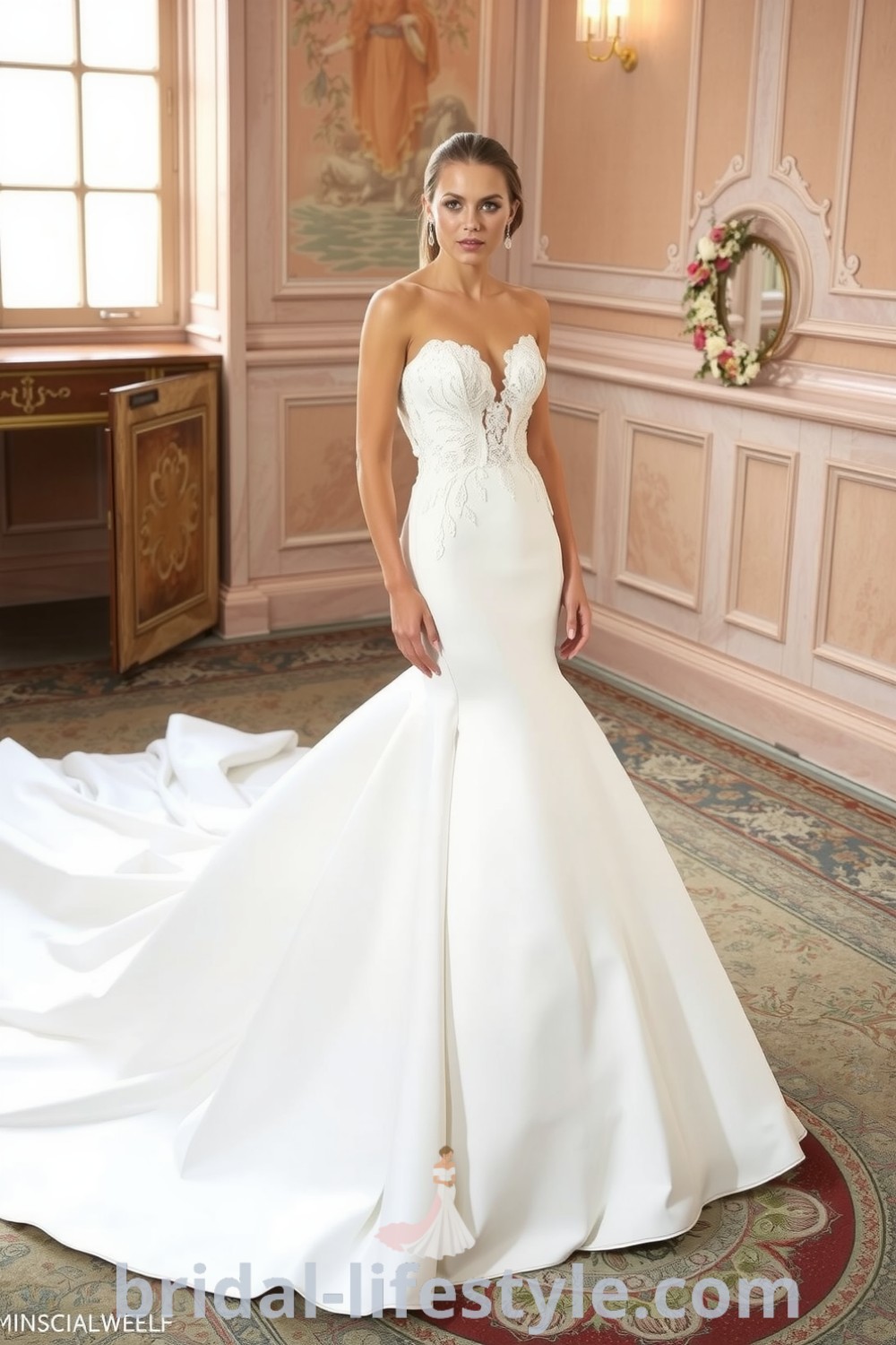 Mermaid wedding dress in luxurious satin with a fitted silhouette, intricate lace appliqués, and a detachable skirt, ideal for elegant and versatile bridal looks. bridal-lifestyle.com