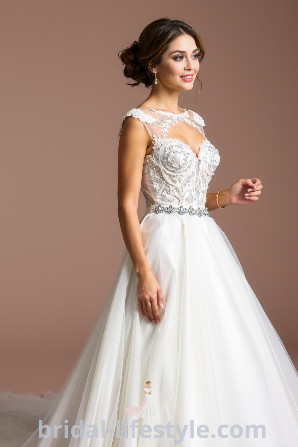 Radiant bride in a Princess Glitter wedding dress featuring a classic ball gown silhouette, shimmering sequins, delicate lace bodice, and soft tulle layers with an ethereal train. bridal-lifestyle.com