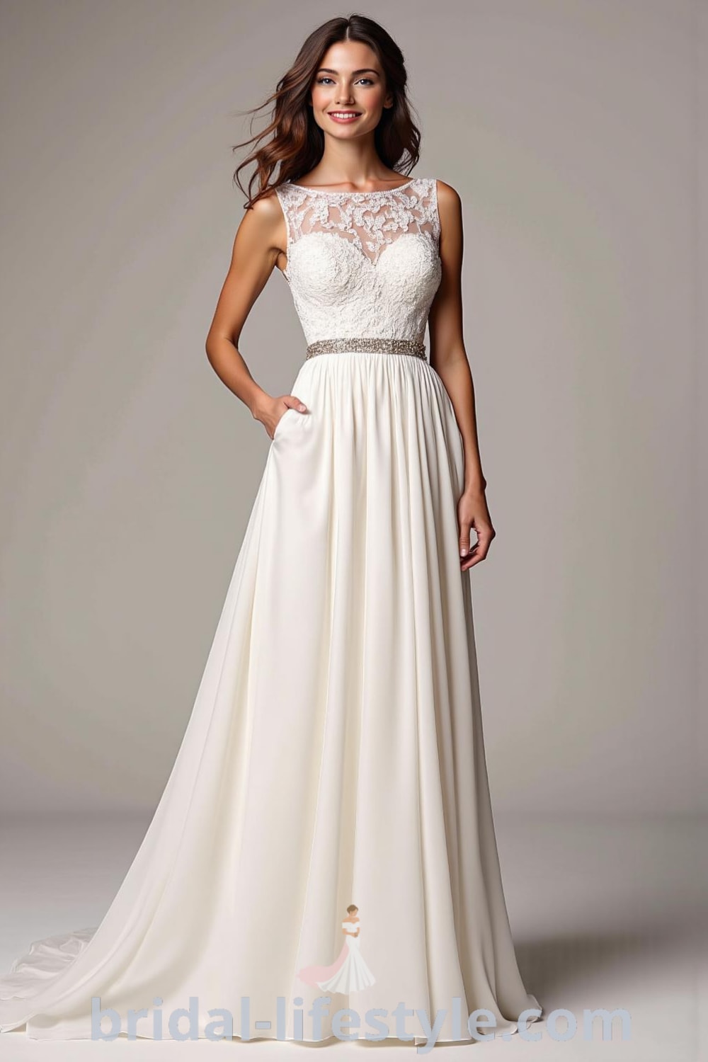 A-line wedding dress with boat neck, intricate lace appliqués, flowing satin skirt, and a delicate sweep train, designed for elegance and romance. bridal-lifestyle.com