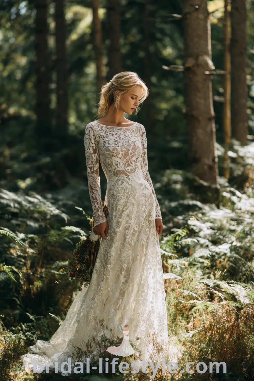 Bohemian floral wedding dress with intricate lace, romantic boho wedding dress, forest wedding gown, free-spirited bride.