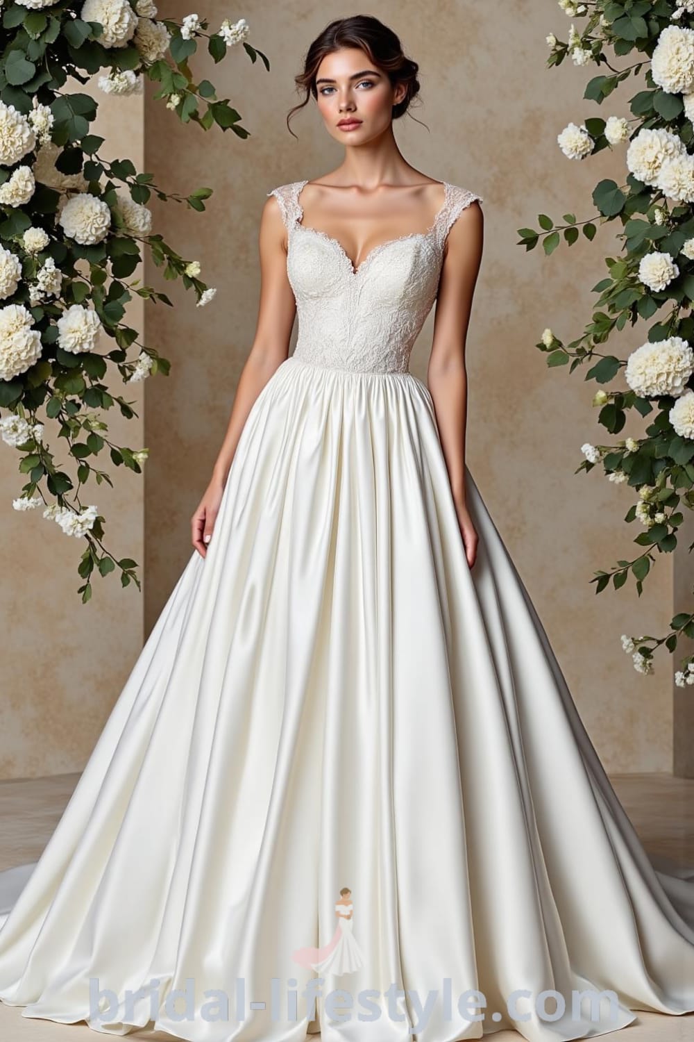 Princess wedding dress with satin bodice, intricate lace appliqués, voluminous floor-length skirt, cap sleeves, and a sweetheart neckline. bridal-lifestyle.com