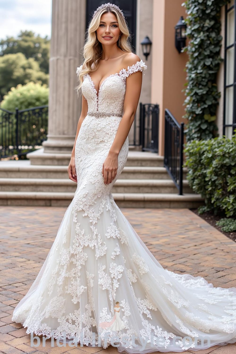 Mermaid wedding dress with exquisite lace, sweetheart neckline adorned with floral appliqués, delicate cap sleeves, and a flowing train, perfect for a timeless celebration. bridal-lifestyle.com