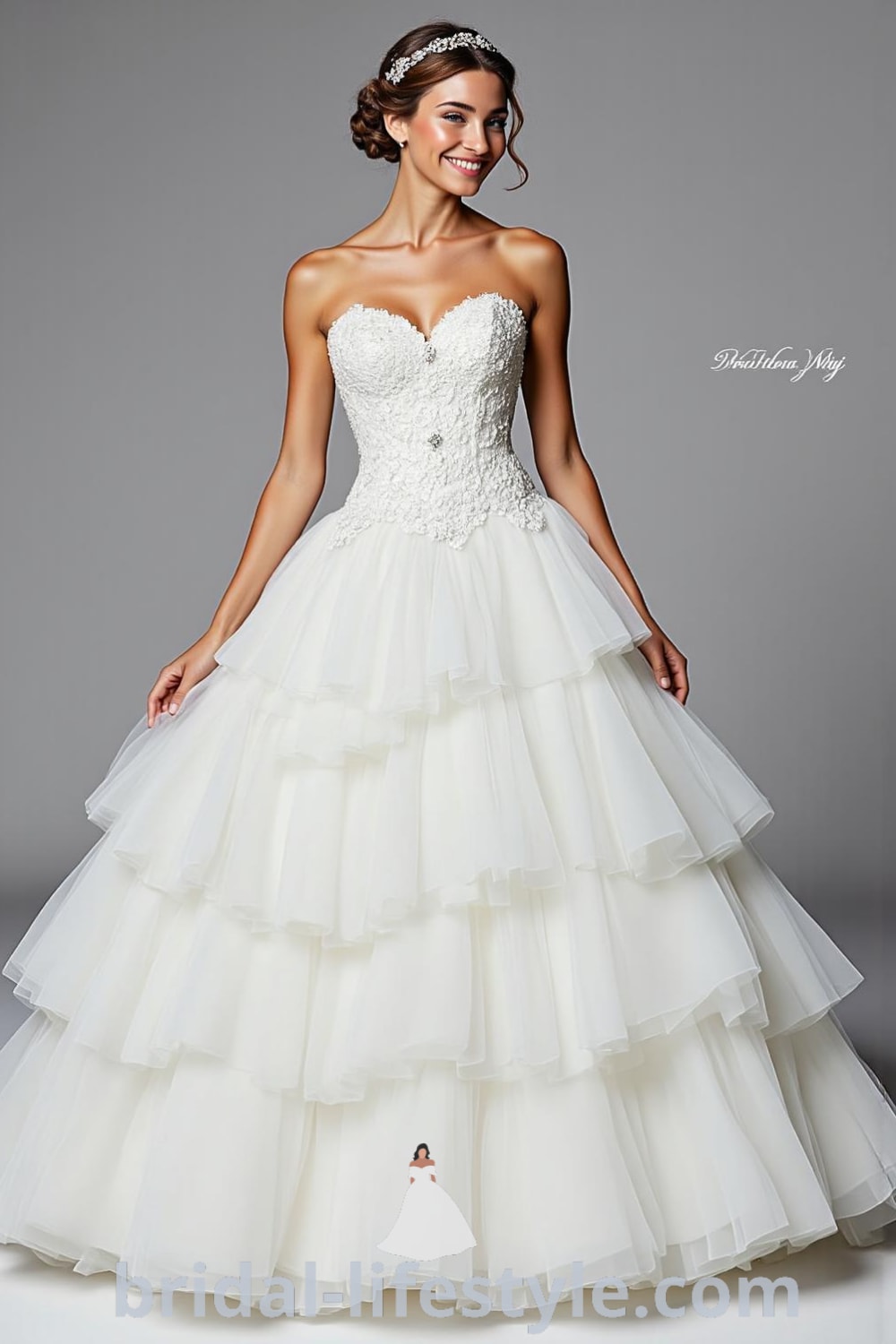 Stunning Princess Ballgown with layers of soft tulle, intricate lace appliqués, delicate beading, and a sweetheart neckline, creating a romantic silhouette. bridal-lifestyle.com