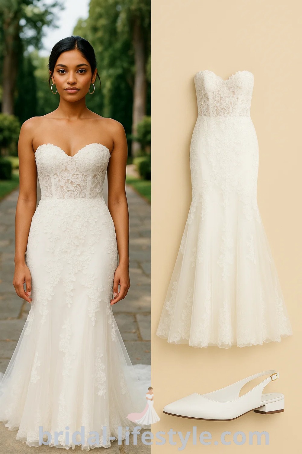 Lace wedding gown with a sweetheart neckline and flared skirt in white and ivory, offering a mermaid silhouette; perfect for weddings and formal events. Discover this stunning design with a detachable skirt and sleeves at pinshoesoutfits.com.