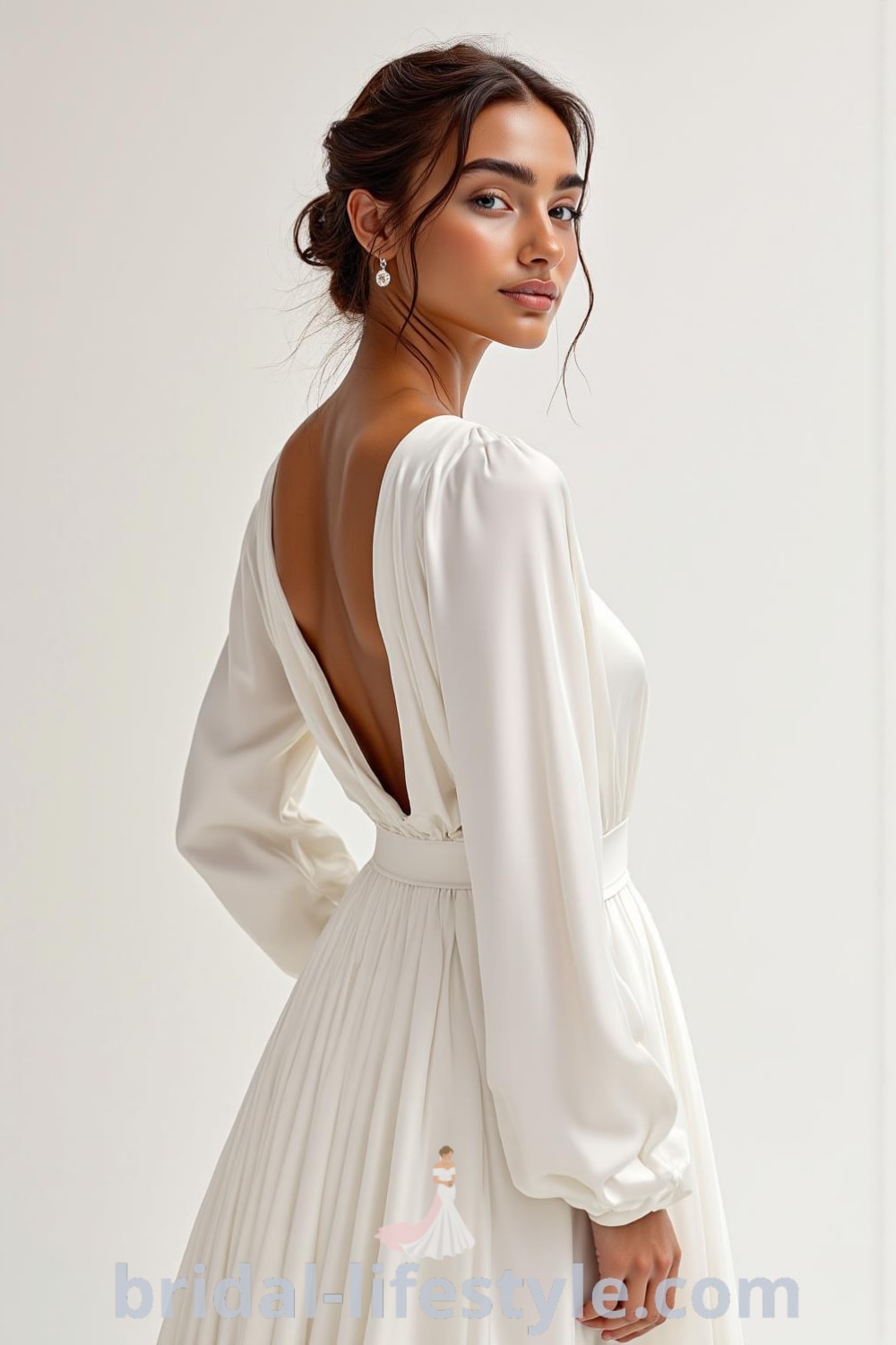 Minimalist long sleeve wedding dress in luxurious satin with boat neckline, wrist-length sleeves, and subtle open back with buttons. bridal-lifestyle.com