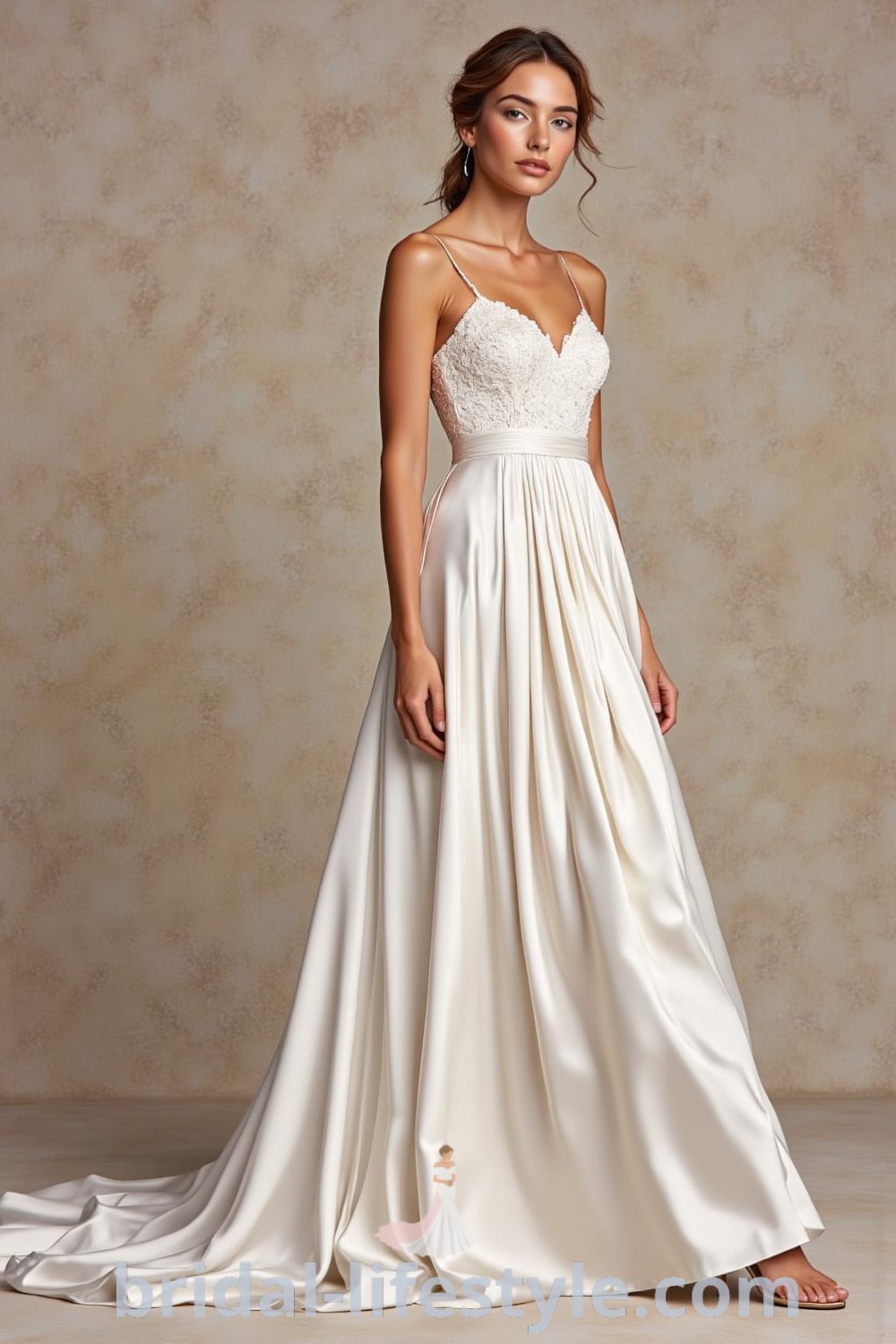 A-line satin wedding dress with a fitted bodice, intricate embroidery, and a beautifully draped skirt that flows gracefully. The gown features delicate spaghetti straps and a soft sheen, ideal for a romantic bride. bridal-lifestyle.com