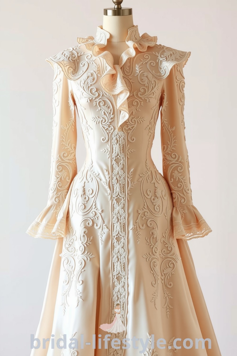 Stunning vintage Victorian wedding dress with intricate lace overlays and satin underlay, featuring a fitted bodice and sweeping A-line skirt for dreamy brides. bridal-lifestyle.com