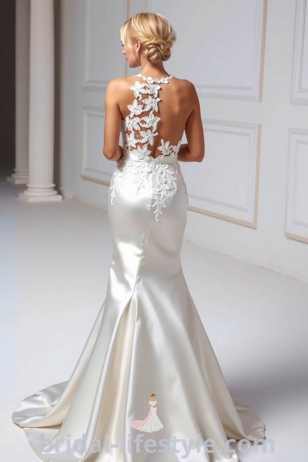 Elegant mermaid wedding dress in luxurious satin with lace appliqués and an open back, showcasing a stunning silhouette for dreamy brides. bridal-lifestyle.com