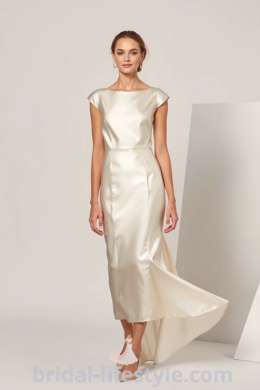 A sleek minimalist wedding dress in luxurious satin with a bateau neckline and cap sleeves, flaring at the hem for sophistication. bridal-lifestyle.com