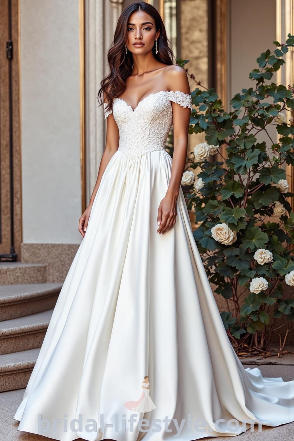Elegant off-shoulder A-line wedding dress made from luxurious satin with soft pleating and delicate lace appliqués, perfect for a timeless bridal look. bridal-lifestyle.com