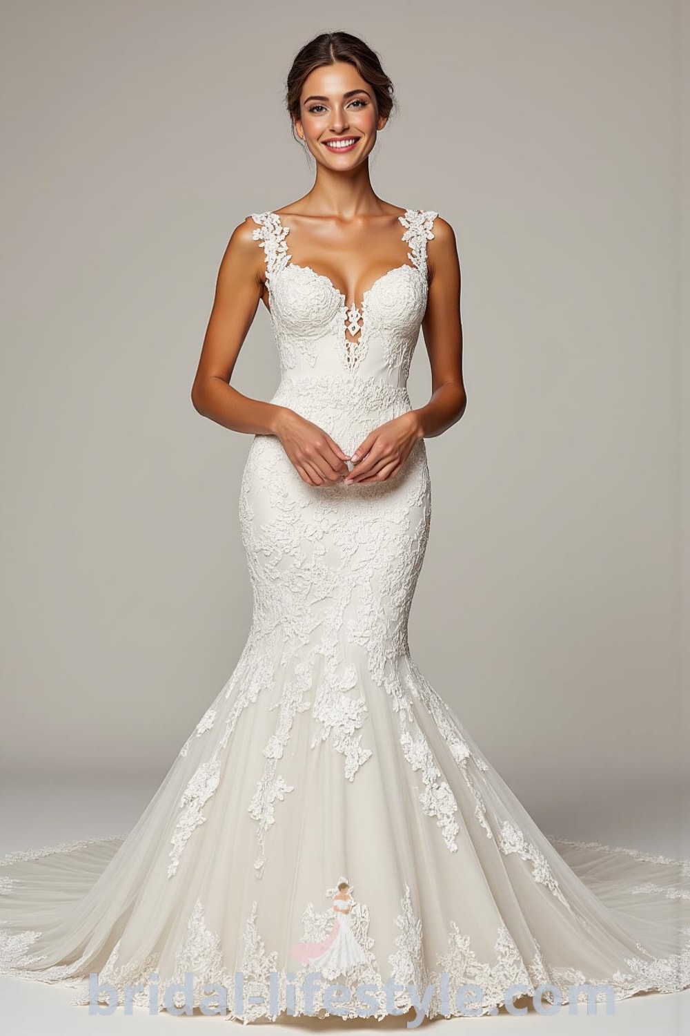 Mermaid wedding dress with intricate lace overlays, sweetheart neckline, trailing sheer lace, and subtle train, showcasing an elegant silhouette. bridal-lifestyle.com