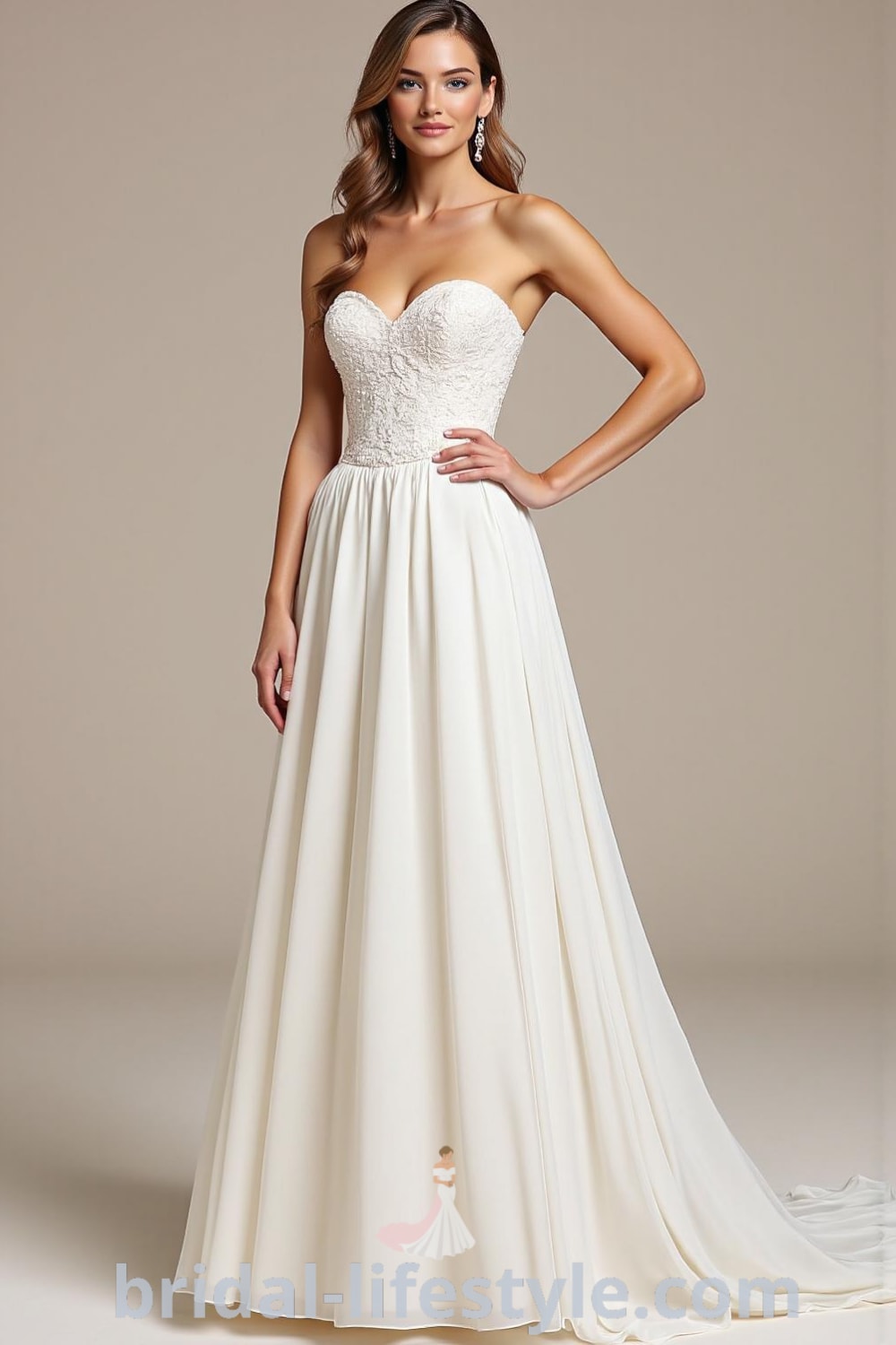 A-line strapless wedding dress with a luxurious satin skirt, intricate lace appliqués on the bodice, and a flowing train. bridal-lifestyle.com