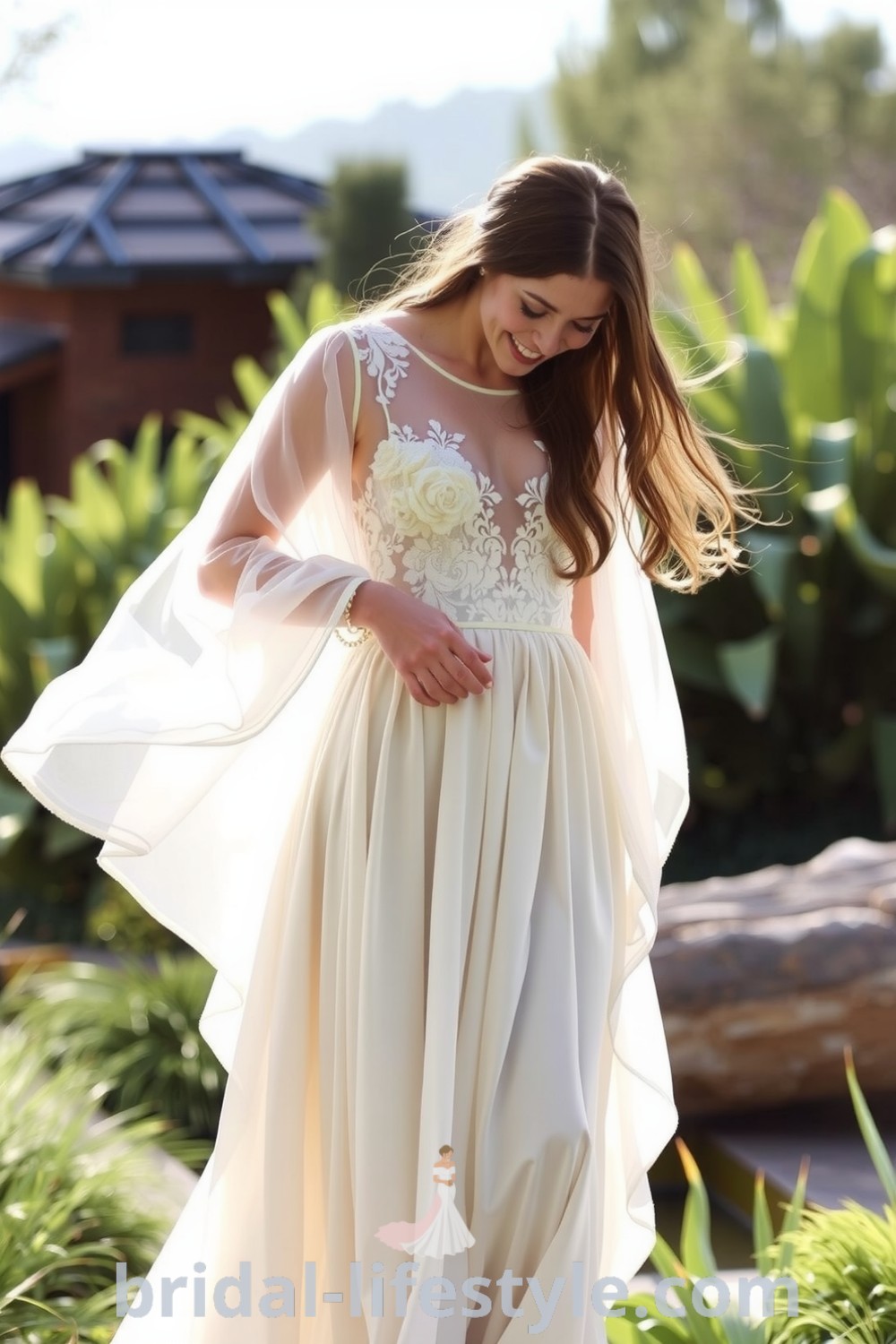 A whimsical boho wedding dress with ethereal chiffon layers, intricate lace detailing, and cascading sleeves, perfect for outdoor celebrations. bridal-lifestyle.com