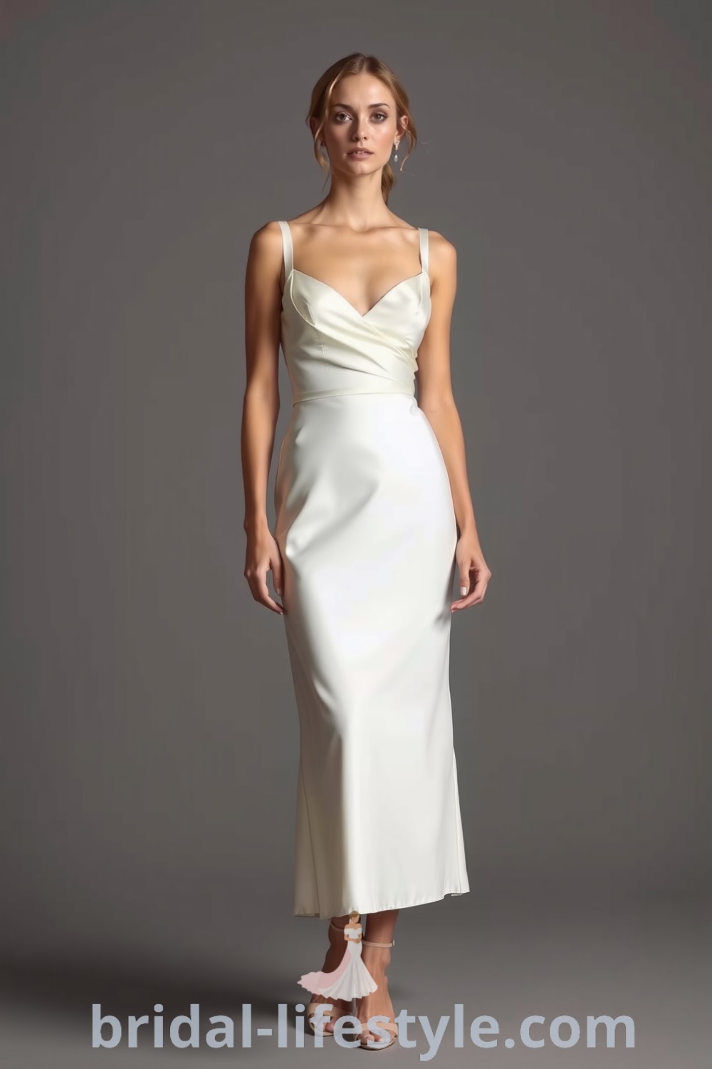 White bridal dress made of luxurious satin featuring a minimalist design with a mid-thigh silhouette, scoop neckline, and soft draping. bridal-lifestyle.com