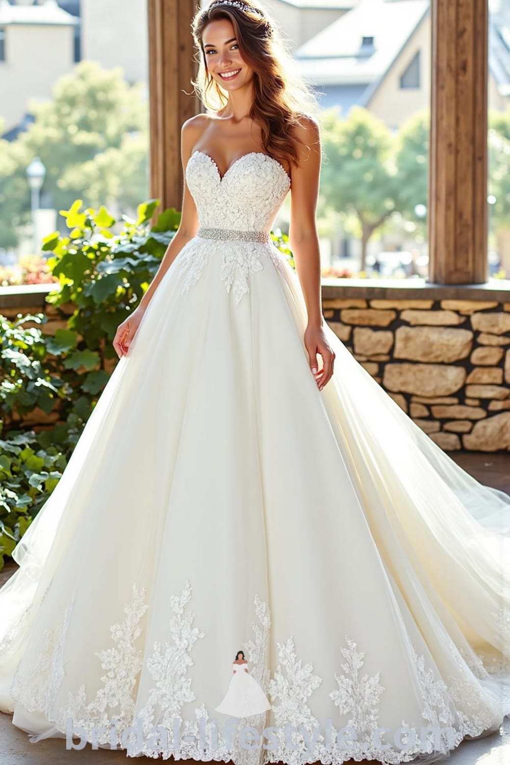 A stunning Princess Glitter wedding dress with a fitted satin bodice, voluminous tulle skirt, and delicate lace appliqués, adorned with shimmering sequins. bridal-lifestyle.com