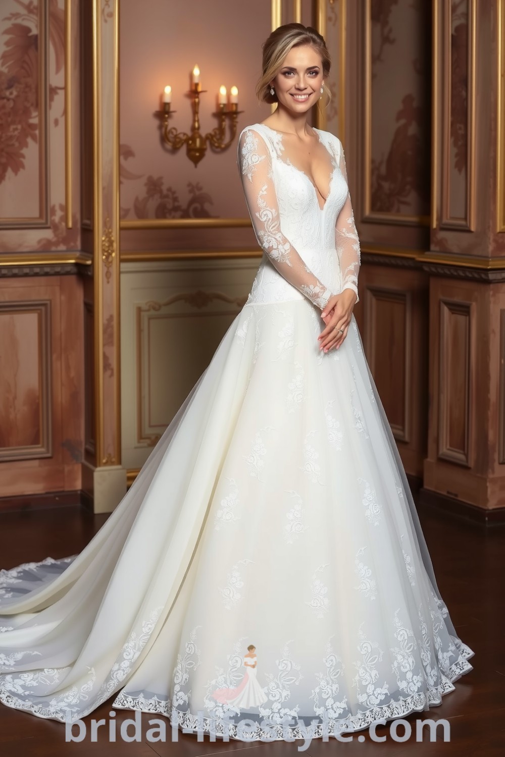 Fit and flare wedding dress with intricate beaded lace overlay, hugging curves and featuring floral patterns, designed for elegance and romance. bridal-lifestyle.com