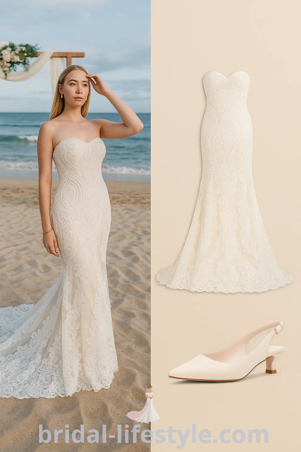 ivory strapless gown with lace, flowy wedding dress, chic gold earrings, and elegant ivory slingback heels, ideal for beach weddings and formal events, featured on pinshoesoutfits.com.