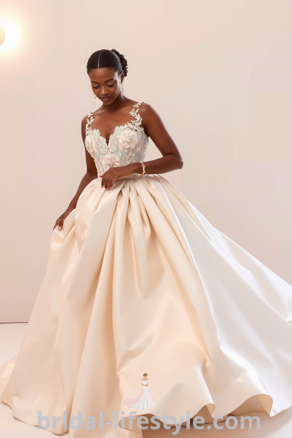 Princess ballgown with luxurious satin, intricate floral lace appliqués, and shimmering beadwork, worn by a Black bride, embodying elegance and beauty. bridal-lifestyle.com