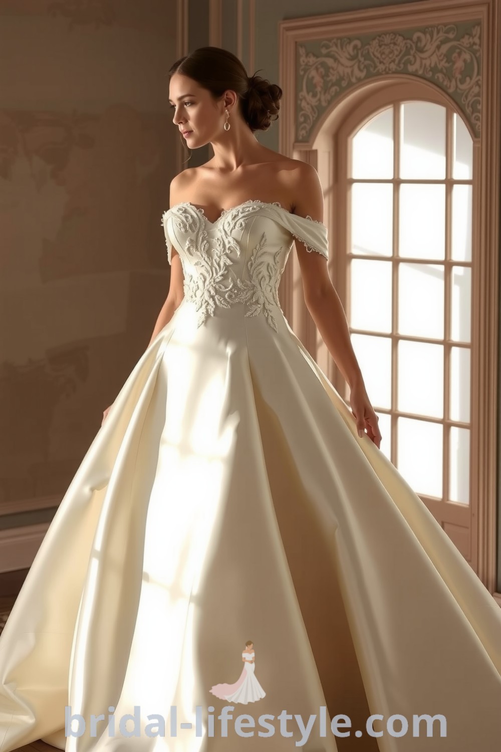 Elegant princess wedding gown with rich satin layers, fitted bodice, voluminous skirt, and delicate lace appliqués, perfect for dreamy brides seeking inspiration for their special day. bridal-lifestyle.com