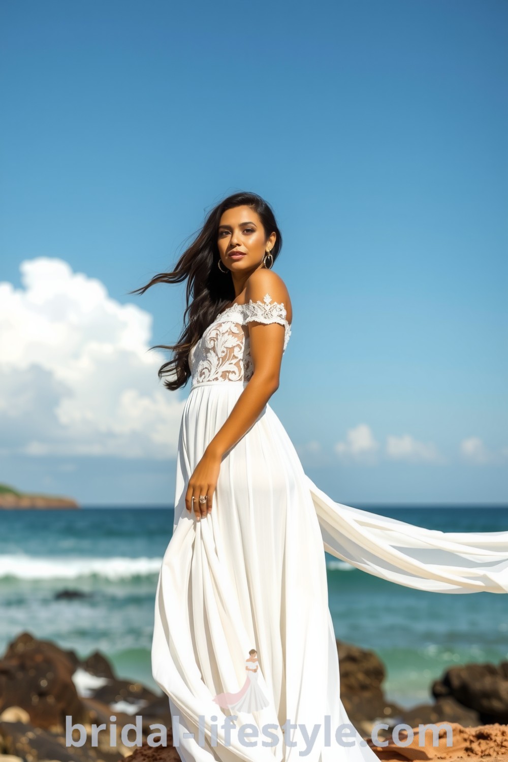 A Latina bride in an elegant boho beach wedding dress made of lightweight linen with an off-shoulder neckline, intricate lace detailing, and a flowing A-line silhouette, showcasing subtle embroidery. bridal-lifestyle.com