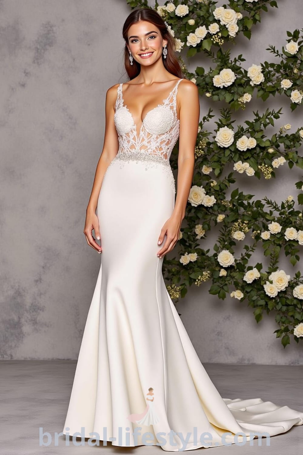 Mermaid wedding dress made of luxurious satin, featuring an open back with intricate lace detailing, delicate beading, and a subtle train. bridal-lifestyle.com