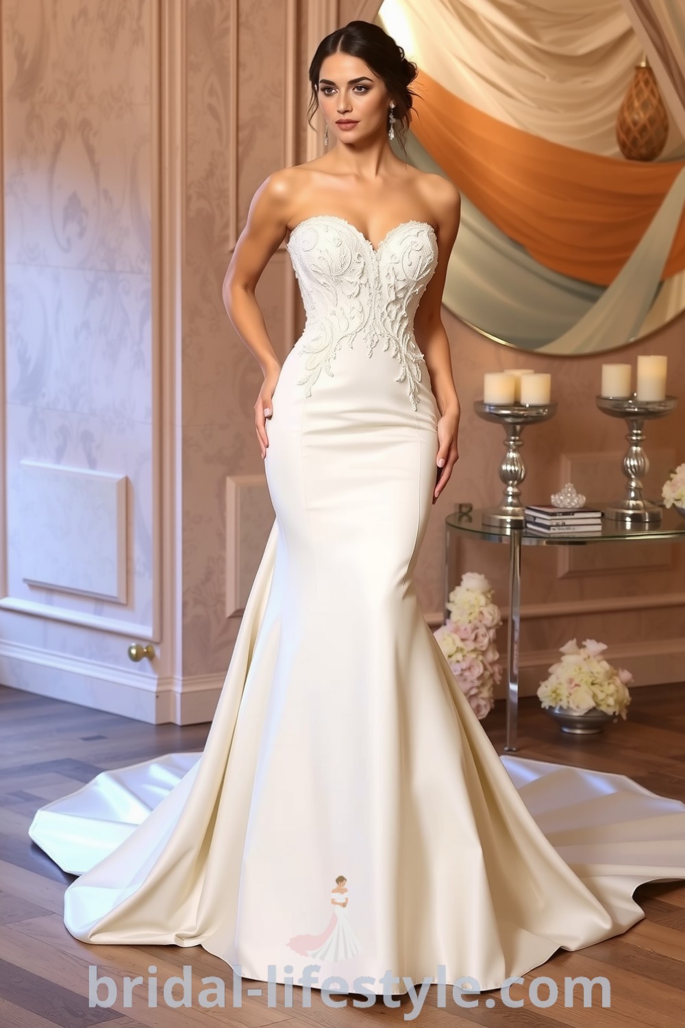Elegant mermaid wedding dress with luxurious satin fabric, intricate lace detailing, sweetheart neckline, and a dramatic detachable skirt, perfect for romantic ceremonies. bridal-lifestyle.com