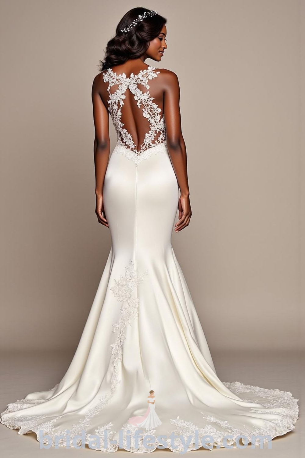 Mermaid wedding dress made of luxurious satin, featuring an elegant open back with lace detailing, a structured silhouette, a sweeping train, and delicate floral appliqués. bridal-lifestyle.com