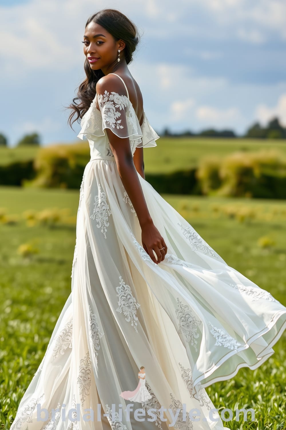 A beautiful black bride wearing a boho flowery wedding dress made of lace and chiffon, featuring floral appliqués and an off-the-shoulder neckline, designed for an outdoor wedding. bridal-lifestyle.com