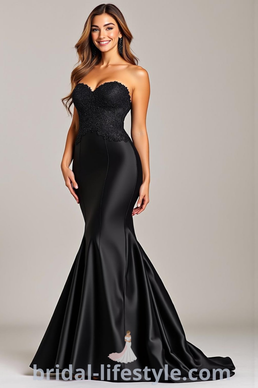 A stunning black satin mermaid wedding dress with lace appliqués, strapless sweetheart neckline, and a graceful train. pinshoesoutfits.com