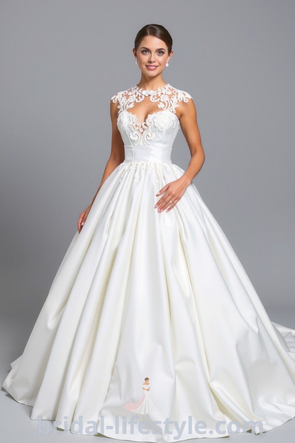 Princess-style wedding dress with a fitted lace bodice, voluminous satin skirt, and pearl embellishments, creating a romantic and elegant look for dreamy brides. bridal-lifestyle.com