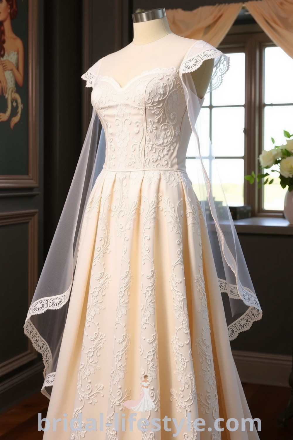 Vintage lace wedding dress with fitted bodice, classic A-line skirt, capped sleeves, and a modest sweetheart neckline, adorned with delicate floral patterns. bridal-lifestyle.com