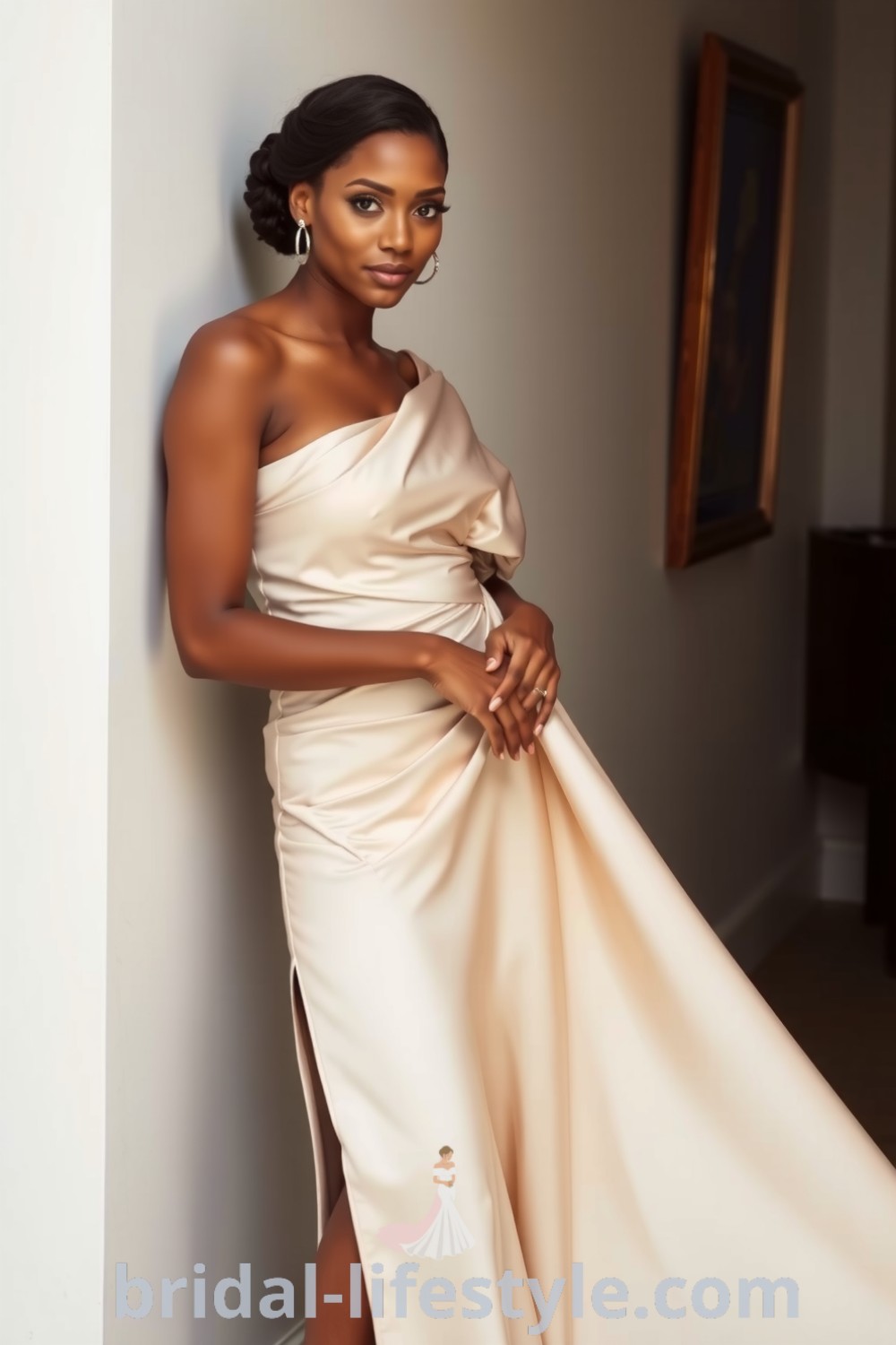 Elegant one-shoulder bridesmaid dress made from luxurious satin, featuring a side slit skirt that showcases the silhouette of a beautiful Black bride, perfect for romantic ceremonies, with inspiration for every bride