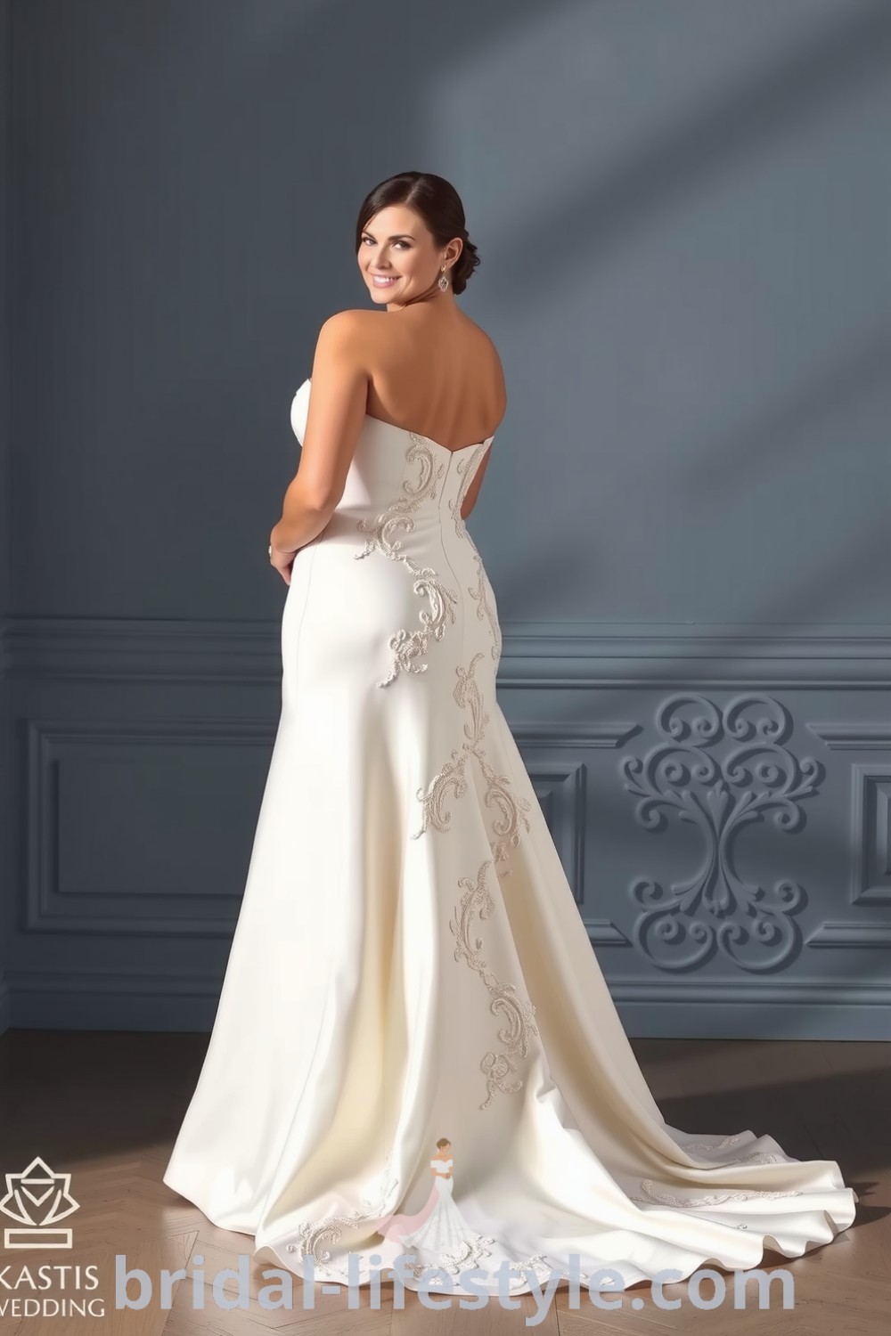 Plus-size fit and flare wedding dress made of luxurious satin, featuring a strapless sweetheart neckline and intricately embroidered lace appliqués cascading down the skirt. bridal-lifestyle.com