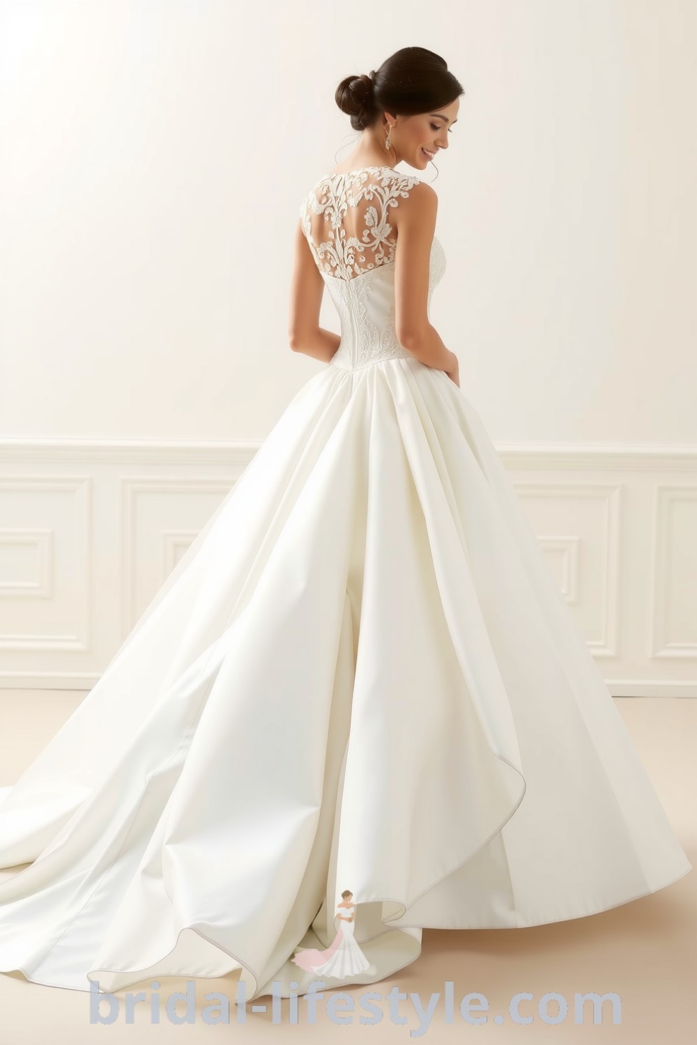 Princess wedding dress with layered satin and tulle, featuring a fitted bodice adorned with lace appliqués and a voluminous skirt, reflecting elegant trends for dreamy brides. bridal-lifestyle.com